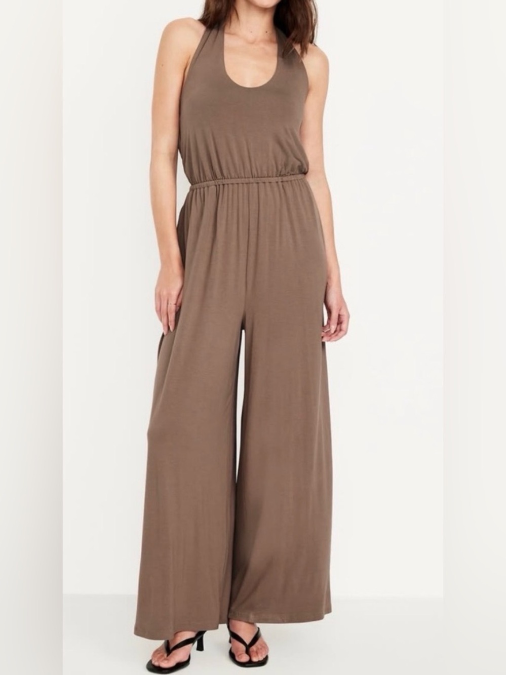Old Navy Halter Knit Jumpsuit NEW Side Pockets Wide Leg Elastic Waist Taupe XL